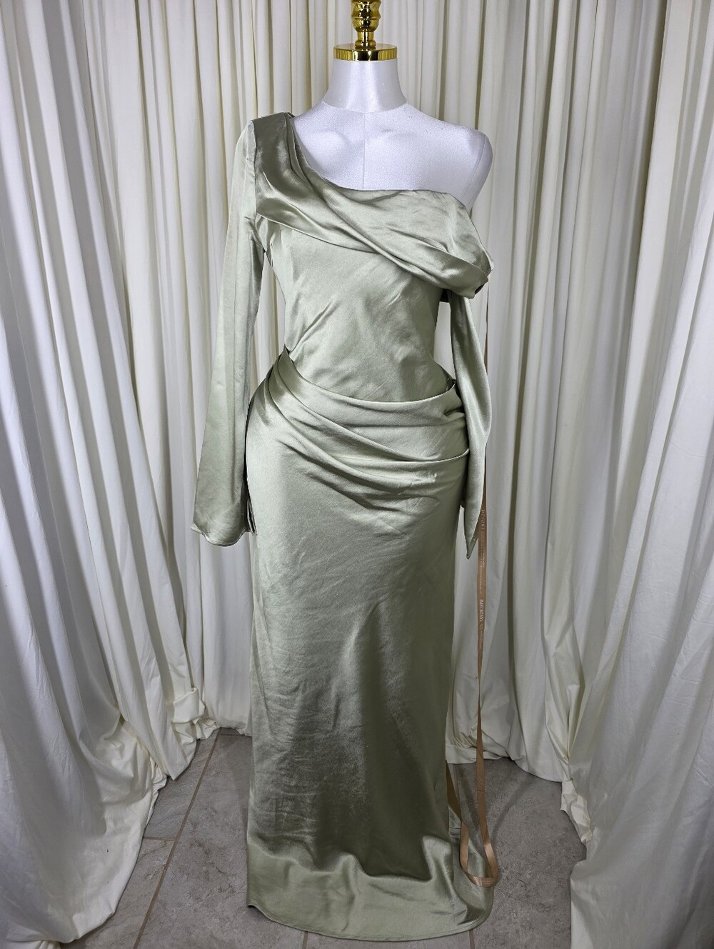 Meshki Iris Maxi Dress - Sage Satin One-Shoulder Long Sleeve XL NWT $259 - Picture 2 of 12